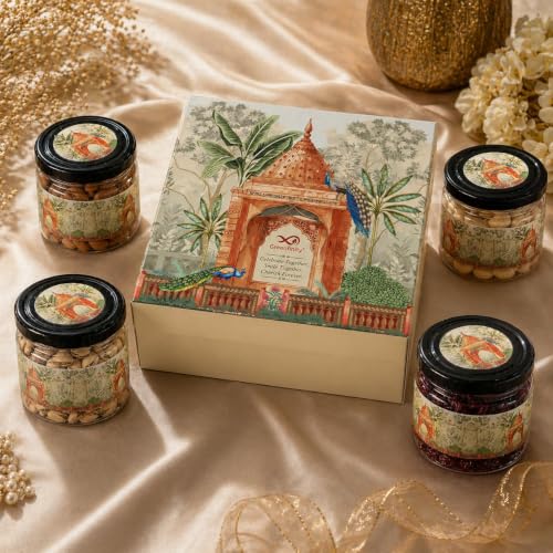 Image of Greenfinity Rakhi Special Dry Fruits Gift Hamper for Brother & Sister | | With Rakhi Thread, Roli Chawal & Greeting Card | Rajasthani Gift Box |Luxury Assorted Nuts, Almonds, Cashews & Cranberries (200g x. 4) 800g.