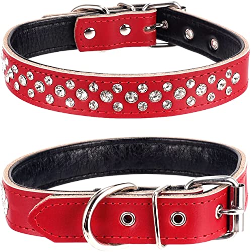 Haoyueer Hundehalsband mit Strasssteinen, verstellbar, glitzernd, mit Nieten aus echtem Leder, für kleine und mittelgroße Hunde (Größe M, Rot)