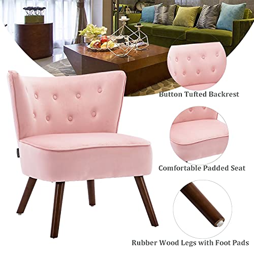 Altrobene Mid Century Modern Wingback Velvet Accent Chair Set Of 2 Wide Comfy Armless Corner Chair Tufted Slipper Chair For Living Room/Bedroom, Pink #TOP3
