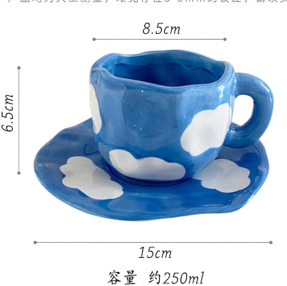 Japanese Hand Painted The Sky and White Clouds Coffee Cup With Saucer Ceramic Handmade Tea Set(E)