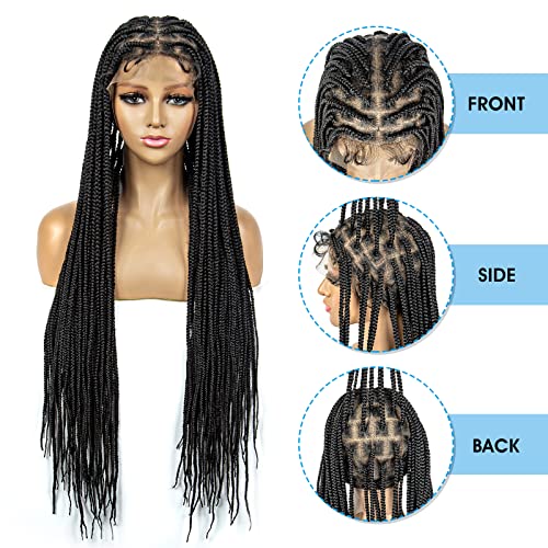 Sedittyhair Braided Wigs For Black Women 34 Inches Synthetic Double Full Lace Front Wig With Baby Hair Braided Wigs Knotless Box Braids Wigs(1B Color) #TOP1