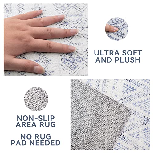 Castage 8’X10’ Area Rugs For Living Room Moroccan Rug For Bedroom Washable Large Boho Bohemian Blue And White Distressed Carpet Non Slip Accent Modern Throw Rugs For Dining Room Dorm Office Geometric #TOP5