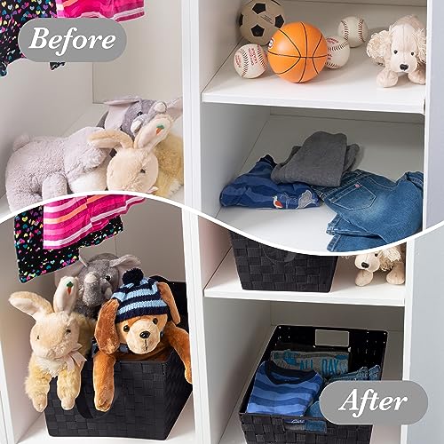 Image of Simplify Large Woven Strap Tote | Decorative Storage Basket | 2 Handles | Organization | Closet | Bedroom | Bathroom | Nursery | Accessories | Toys | Gifts | 2 Pack | Black