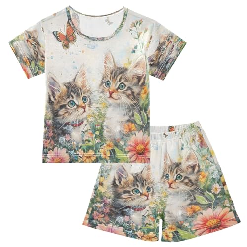 ALAZA Funny Blossom Cat Flower Butterfly Pajamas Set Short Sleeve Cotton Sleepwear Summer Pjs 2 Piece 5-14Y