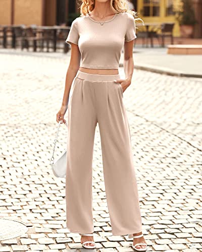 Btfbm Women Summer 2023 Two Piece Casual Outfits Lounge Set Ribbed Knit Bodycon Crop Top Long Pants Tracksuits Sweatsuit(Short Apricot, Large) #TOP2