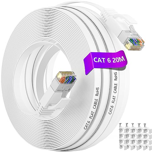 Soibke Ethernet Cable 20m Cat 6, White Flat LAN Cable Extra Long 20 Meter