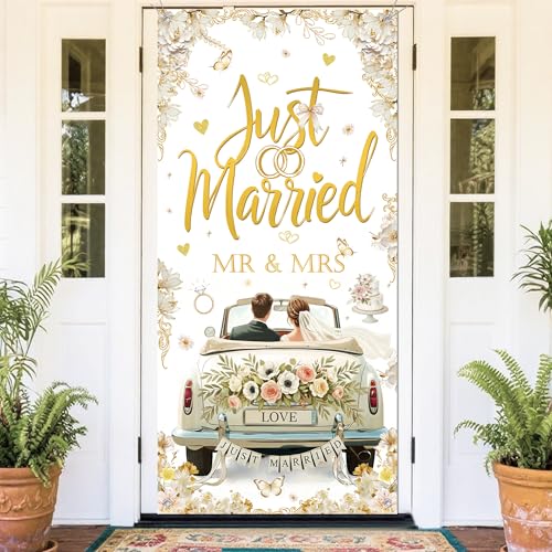 Just Married Wedding Banner Decorations - White Gold Welcome Entrance Signs Door Background for Reception Engagement Party Decor Honeymoon House Bridal Shower Supplies