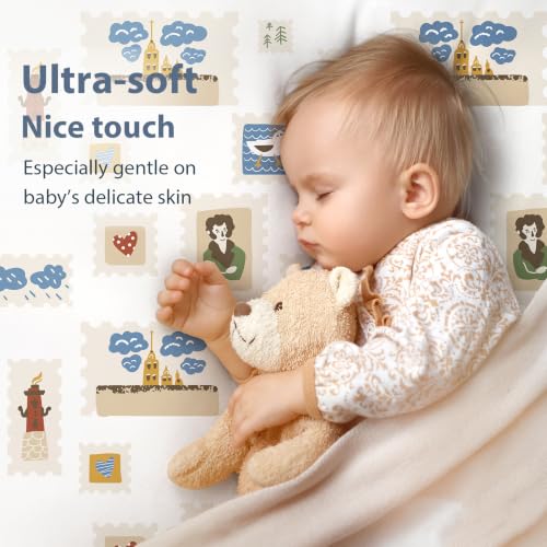 Image of Baby Bedside Bassinet Sheets Fitted, 33 inchx20 inch Compatible with Baby Delight Dream On Me & Most Rectangle Bedside Sleeper Bassinet Mattresses, Super Soft Microfiber Blue Brown Stamp