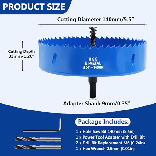 Image of 5.5 Inches /140mm Bi-Metal Hole Saw w /Arbor & Pilot Bit