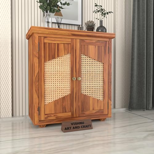 Image of Solid Sheesham Wood Sideboard Cabinet for Living Room | Wooden Storage Cabinet with 2 Designer Cane Doors & Shelf | Modern Geometric Rattan Sideboard for Home (Honey Finish)