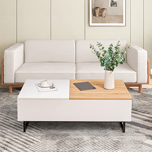 Costway Lift Top Coffee Table With Hidden Storage Compartment, Wooden Rectangular Central Table With Metal Frame & Side Open Shelf, Lifting Tabletop Accent Table For Living Room Reception Room (White) #TOP3