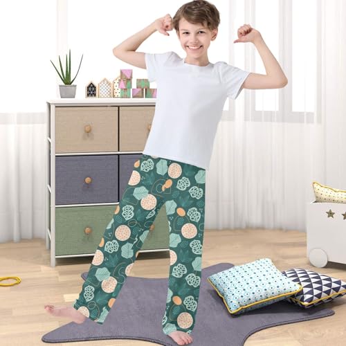 Boy's Pj Pants Leaf Lines Circle Dots Dark Green Lounge Bottoms Elastic Waist Kids Joggers with Pockets Size 6-144