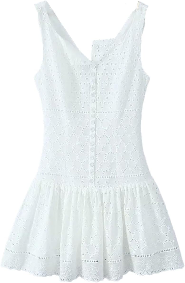 Women's Low Waist A-Line Mini Dresses Front Button Hollow Out Sleeveless Embroidery Tank Dress