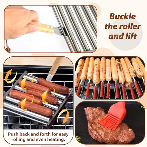 Hot Dog Roller for Grill - BBQ Hot Dog Grill Roller with Silicone Oil Brush and Skewers for Grill, BBQ Stainless Steel Sausage Roller Rack with Long Wooden Handle for Outdoor Camping Cooking Grilling