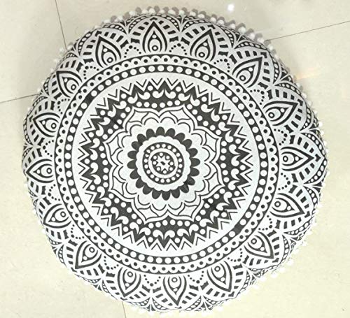 INDIAN CRAFT CASTLE 24\" Grey Ombre Mandala Barmeri Large Floor Pillow Cover Cushion Meditation Seating Ottoman Throw Cover Hippie Decorative Zipped Bohemian Pouf Ottoman Pom Pom Cases 24\" Round