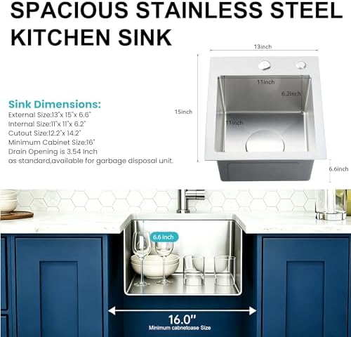 13 x 15 Inch Drop In Mini Kitchen Sink 18 Gauge 304 Stainless Steel