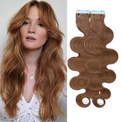 S-noilite 20" Human Hair Tape in Extensions Body Wave 50g 20pcs Invisible Seamless Skin Weft Wavy Tape Extensions Real Hair Double Sided Rooted Remy Human Hair #6 Body Wave-Light Brown