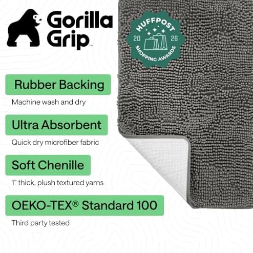 GORILLA GRIP Bath Mat, Thick Soft Absorbent Chenille Floor Mats, Rubber Backing Bathmat, Quick Dry Rug, Machine Washable Rugs for Shower and Tub Floors, Bathroom Accessories Decor, 61x43 cm Charcoal - 1