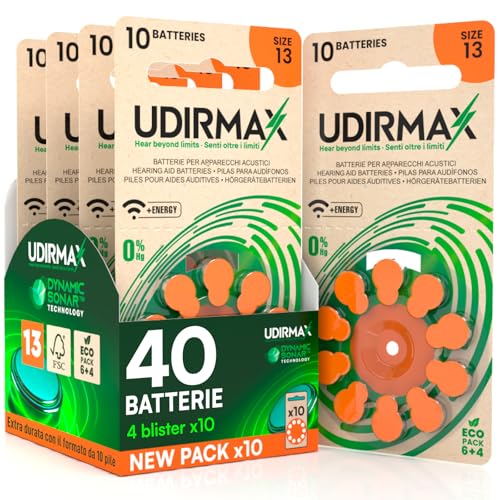 40 Batterie per Apparecchi Acustici Misura 13 Udirmax Pile PR48 Arancioni Zinco-Aria Eco Pack - 4 Blister Ecologici da 10 Pile
