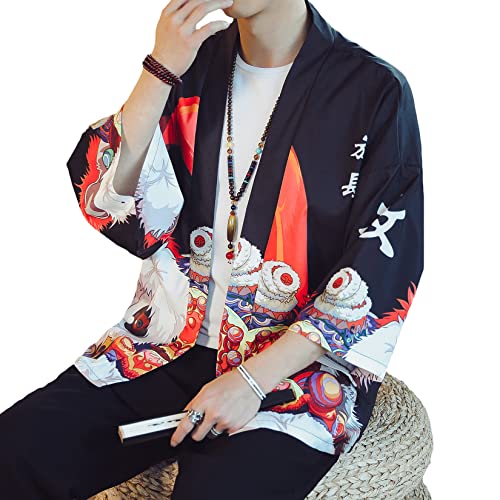 Image of PRIJOUHE Men's Lightweight Kimono Jacket Seven Sleeve Open Front Cardigan Coat Japanese Style Bathrobe