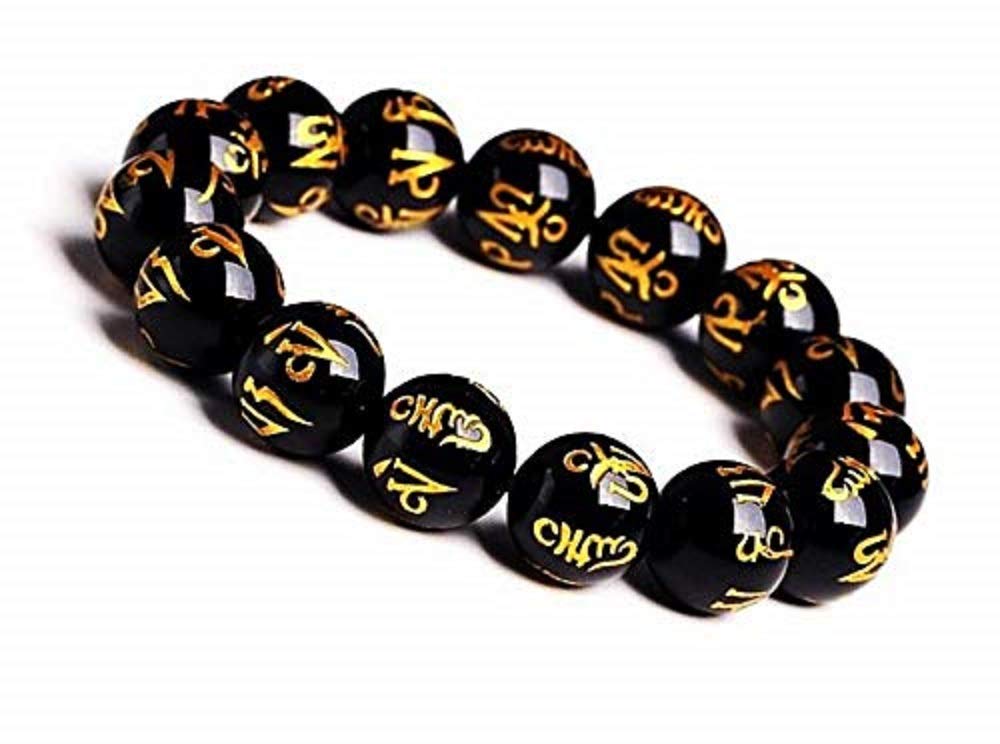 PAIXON Black Obsidian Om Mani Padme Hum Meditation Yoga Mala Chakra Natural Gemstone Beaded Stretch Protection Bracelet