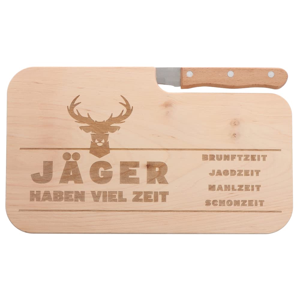 Spruchreif | Brotzeitbrett mit Messer "Jäger haben viel Zeit..." – Graviertes Holzbrett mit Jäger-Motiv | Lustiges Geschenk für Jäger & Jagdfreunde