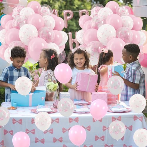 Image of HILAVO Pink Bow Balloons, 12 Inch Pastel Light Pink Transparent White Bow Print Coquette Balloon for Girls Women Birthday Bachelorette Party Bridal Baby Shower Wedding Anniversary Decorations Supplies