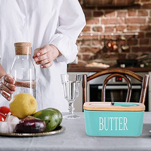 Image of Ceramic Butter Dish with Wooden Lid and Stainless Steel Knife, Large Butter Container Keeper with Bamboo Cover and Silicone Sealing Ring for West and East Coast Butter (Green)