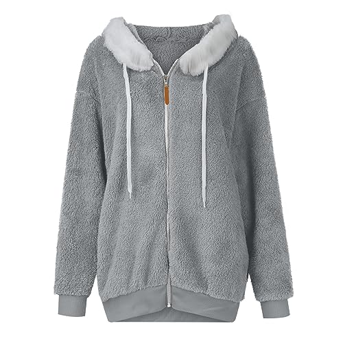 Fuzzy Fleece Jackets for Women Plus Size Hoodies Fall Winter Coats Color Block Patchwork Cardigan Coat with Pockets