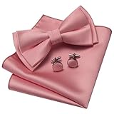 GUSLESON Dusty Rose Bow Tie for Men Wedding Pre-Tied Solid Bowties Pocket Square Cufflinks Set for Men (0577-32)