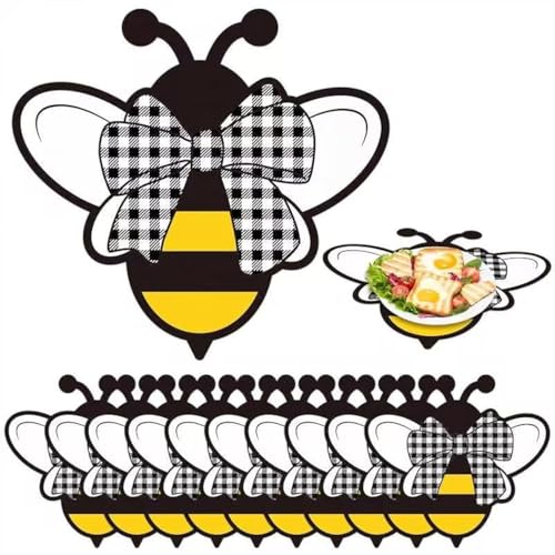JAPBOR Bee Placemats Disposable Plates - 50PCS Bee Shaped Paper Place Mats Decoration, Spring Summer Honey Printed Placemat, Rustic Plates Table Settings Mat for Holiday Party Kitchen Dinner