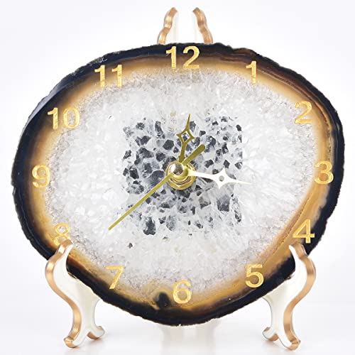 Jic Gem Natural Agate Slice Clock Natural Black/Gray With Base,Agate Clock,Decorative Clock #TOP30