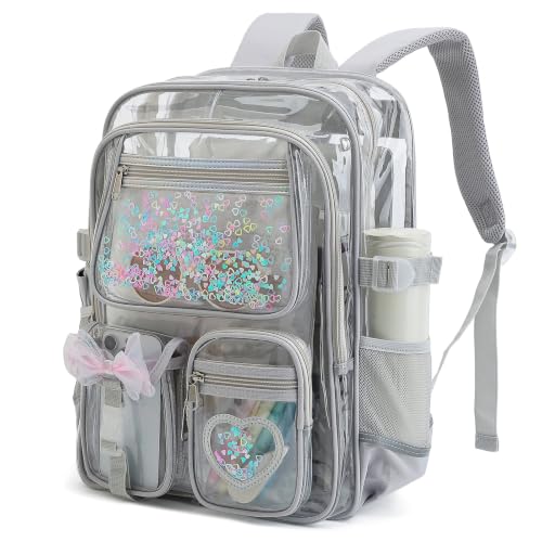Bevkois Clear Backpack for Girls Women, Heavy Duty PVC Transparent Bookbag, See Through Backpacks for School (Grey) by Bevkois - Used condition - US$8.99