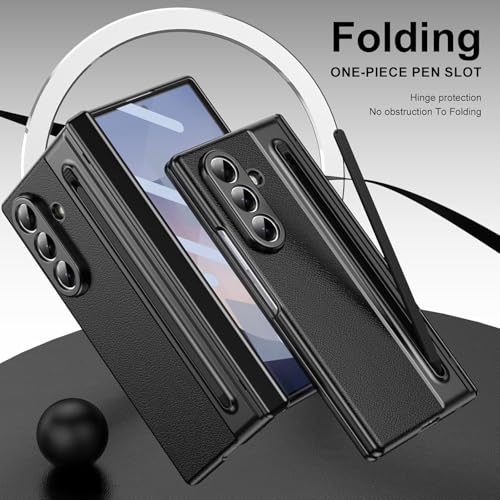 Image of amazon basics Luxury Vegan Leather Case for Samsung Galaxy Z Fold 6 - Ultra Slim Protective Cover with Integrated S Pen Holder & Raised Camera Guards - Midnight Black