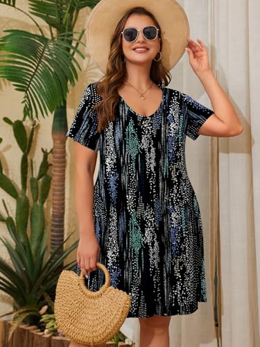 Image of ZENNILO Women's Plus Size Swing Dress with Pockets Casual Summer Dresses V Neck Short Sleeve T Shirt Dress for Women