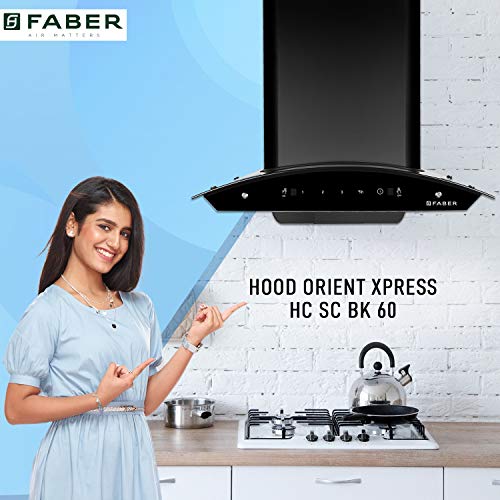 Image of Faber 60 cm 1200 m /hr Auto-Clean curved glass Kitchen Chimney (HOOD ORIENT XPRESS HC SC BK 60, Filterless technology, Touch Control, Black)