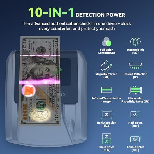 PONNOR AL-135 Counterfeit Bill Detector Money Checker Machine Automatic 4-Way Orientation & Pass/Fail Indicator Portable Fake Currency Reader with UV, Magnetic, Infrared