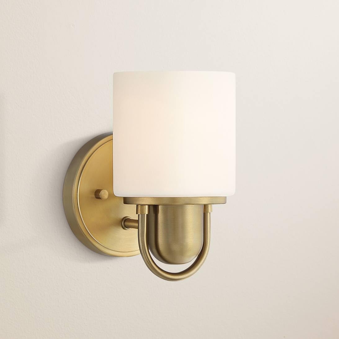 Possini Euro Design Copenhagan Modern Wall Light Sconce Warm Brass Gold Metal Hardwired 4 3/4" Fixture White Glass Shade for Bedroom Bathroom Vanity Living Family Room Hallway Dining Kitchen House