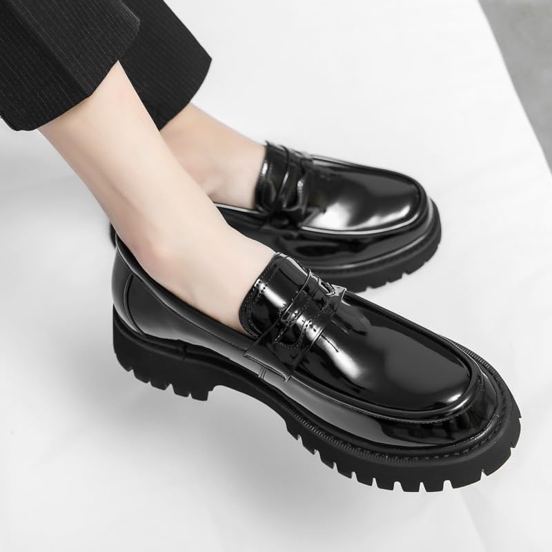 Men's Platform Height Increase Patent Leather Loafers, Slip-On Casual Dress Shoes for Teenagers