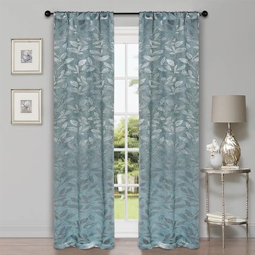 Superior Blackout Curtains, Room Darkening Window Accent for Bedroom, Sun Blocking, Thermal, Modern Bohemian Curtains, Leaves Collection, Set of 2 Panels, Rod Pocket - 26 in x 84 in, Green Lily
