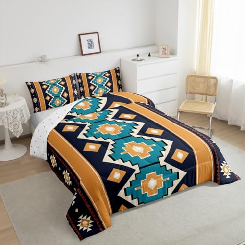 Image of Feelyou Boho Aztec Bedding Set Soft for Boys Girls, West Comforter Set Toddler Size Blue Teel Duvet Quilt Microfiber Western Bedroom Decor 2 Pcs with 1 Pillow Cases