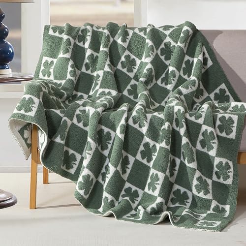Image of Elegant Comfort St Patrick's Day Throw Blanket, Green Plaid Clover Super Soft Cozy Fluffy Warm Throw Blankets for Couch, Sofa, Chair, Bed, Camping, Picnic, Travel Lightweight Bed Blanket (50 inch x 70 inch)