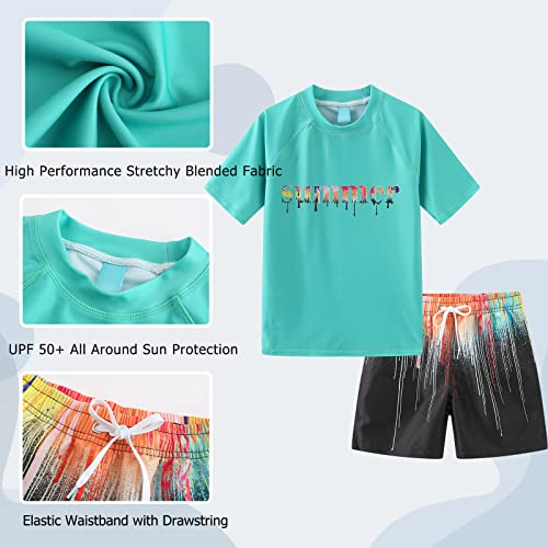 Boys Rash Guard Swimsuits Set For Boys Short Sleeve Swim Shirts With Trunks 2 Piece Quick Dry Swim Set Green Summer Splash Size 12/10-12 Years #TOP2