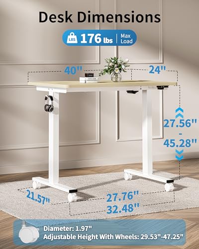 Image of Okin Electric Standing Desk, 40 x 24 Inches Whole Piece Height Adjustable Desk, Oak Sit to Stand Desks Computer Workstation with Wheels for Home Office