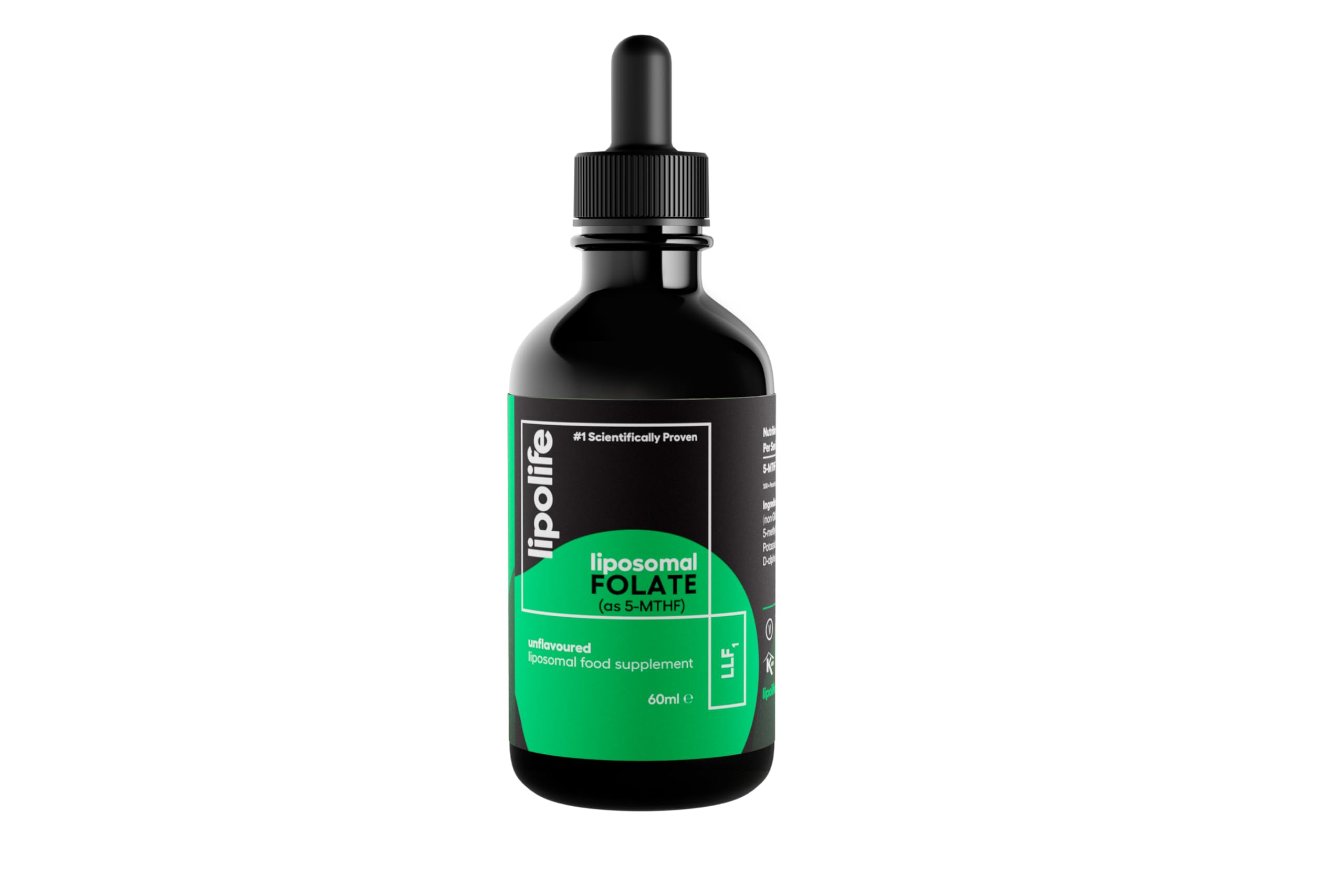 Liposomal Liquid folate (as 5-MTHF, The Active Form of folic Acid.) Advanced Nutrient delivery System, Made in The UK by lipolife. 60ml = 60 Servings. 500mcg of folate per 1ml. LLF1