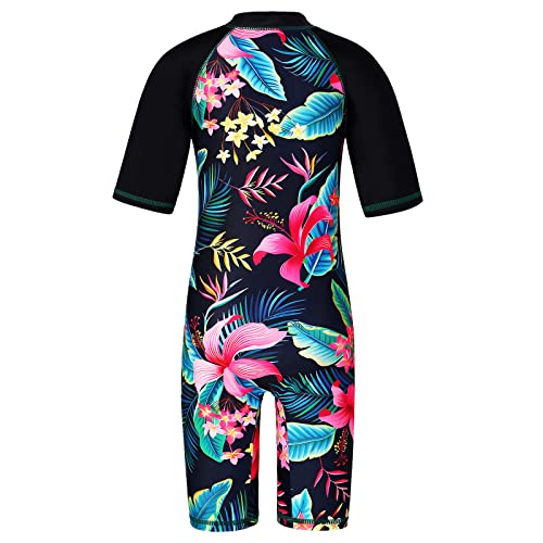 Image of TFJH E Short Sleeve Girls Swimsuits UV 50+ One Pieces Zipper 2-14Y | From beach vacations and pool parties to cruises and water parks, this colorful floral swimsuit is her summer favorite