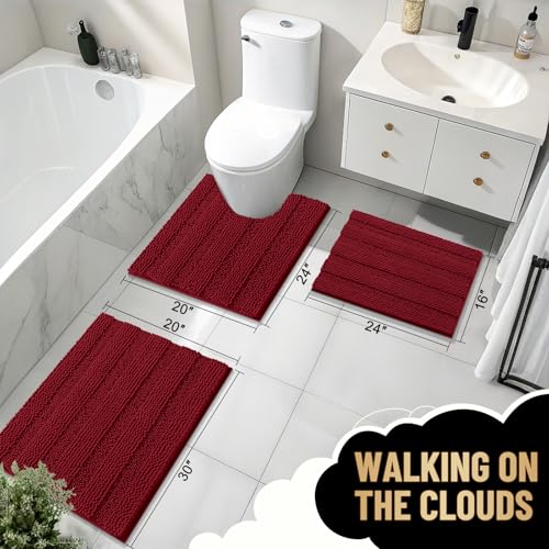 Image of OLANLY Thick Bathroom Rugs 30x20, Extra Soft Absorbent Chenille Striped Bath Rugs, Rubber Backing, Machine Wash Dry, Bath Mats for Bathroom Floor, Tub and Shower, Home Decor Accessories, Red