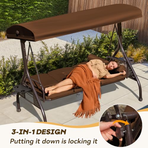 Image of 3 in 1 Outdoor Porch Swing with Adjustable Canopy, 3 Seat Outdoor Swing for Adults, Patio Swing Chair with Thickened Cushions,Pillows & Cup Holders for Backyard, Porch, Garden (Brown)