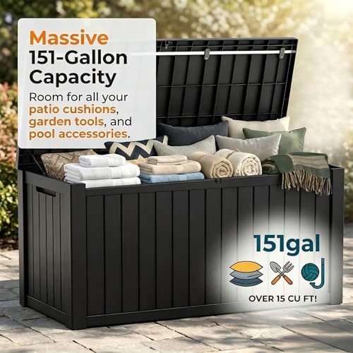 Image of 151 Gallon Resin Deck Box with Lockable Lid - Heavy-Duty Outdoor Storage for Patio Furniture, Garden Tools, Pool Accessories, BBQ Supplies - All-Weather Wood Grain Design