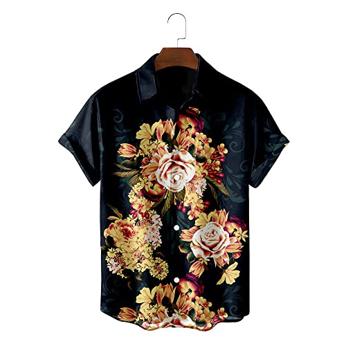 Chemise hawaïenne imprimé vintage jaune rose haut de plage manches courtes respirant pour été